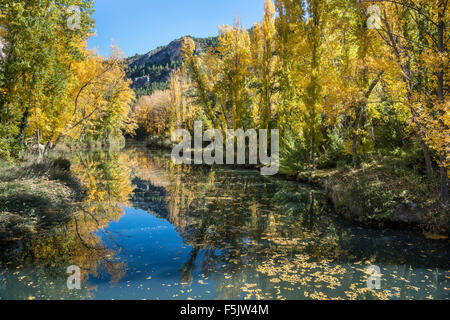 Herbst am Fluss Júcar in der Schlucht Hoz del Júcar in Cuenca, Castilla-la Mancha, Spanien Stockfoto