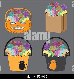 Tricks oder Leckereien Halloween Jack O Lantern. Vektor-Illustration von festlichen Korb mit Süßigkeiten Stock Vektor