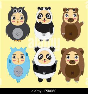 Vector set Cartoon Kinder in Tierkostümen. Cartoon Ikonen Sammlungen von Panda, Bär, Eule Stock Vektor