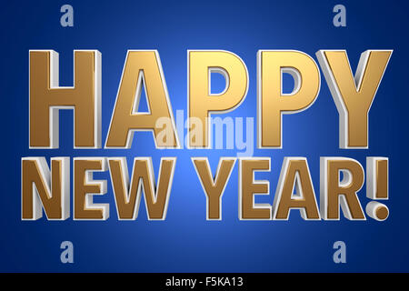 Der Text Happy New Year! in goldenen und weißen Buchstaben mit einem blauen Hintergrund. Stockfoto