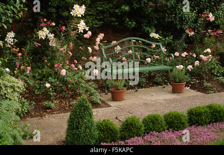 Sommergarten mit einer Reihe von niedrigen Kasten auf Terrasse mit grünen Metallbank vor Grenze mit rosa Rosen und Lilien verwöhnen Stockfoto