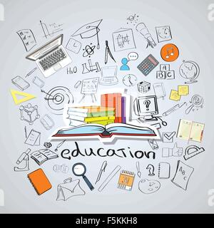 Offenes Buch Bildung Skizze Hand Draw Doodle fliegen von Seiten Stock Vektor