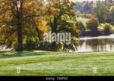 Herbstliche Bäume am See auf dem Bowood Anwesen in Wiltshire. Stockfoto