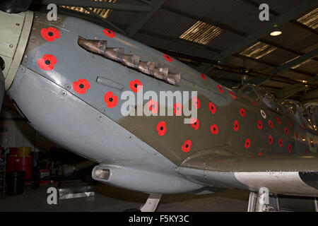 Biggin Hill, UK. 6. November 2015. Spitfire TR9 MJ627 war verziert mit Mohnblumen in Biggin Hill bereit für einen Überflug am Sonntag als fliegende Hommage an all diejenigen, die starben oder erlitten während der beiden Weltkriege jede Seite hat 75 Mohn auf dem Rumpf Credit: Keith Larby/Alamy Live News Stockfoto