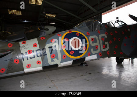 Biggin Hill, UK. 6. November 2015. Spitfire TR9 MJ627 war verziert mit Mohnblumen in Biggin Hill bereit für einen Überflug am Sonntag als fliegende Hommage an all diejenigen, die starben oder erlitten während der beiden Weltkriege jede Seite hat 75 Mohn auf dem Rumpf Credit: Keith Larby/Alamy Live News Stockfoto