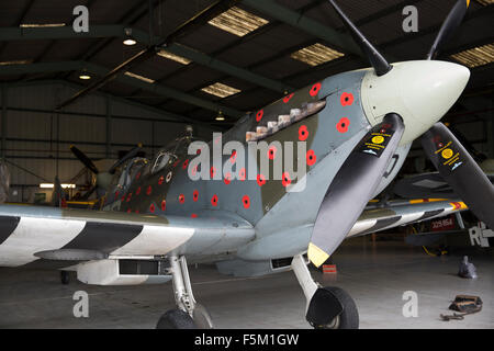 Biggin Hill, UK. 6. November 2015. Spitfire TR9 MJ627 war verziert mit Mohnblumen in Biggin Hill bereit für einen Überflug am Sonntag als fliegende Hommage an all diejenigen, die starben oder erlitten während der beiden Weltkriege jede Seite hat 75 Mohn auf dem Rumpf Credit: Keith Larby/Alamy Live News Stockfoto