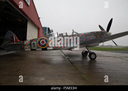 Biggin Hill, UK, 6. November 2015, Spitfire TR9 MJ627 war verziert mit Mohnblumen in Biggin Hill bereit für einen Überflug am Sonntag als fliegende Hommage an all diejenigen, die starben oder erlitten während der beiden Weltkriege jede Seite hat 75 Mohn auf der Fuselag Credit: Keith Larby/Alamy Live News Stockfoto