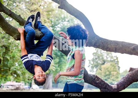Reife Frau beobachten Sohn kopfüber auf Park-Ast Stockfoto