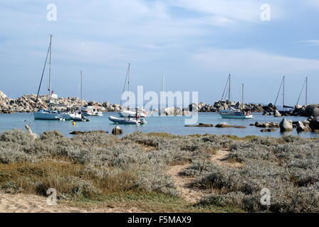 Yachten vor Anker in der Cala Lazarina, Lavezzi Insel, Corsica Stockfoto