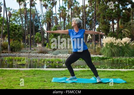 Reife Frau beim Yoga im park Stockfoto