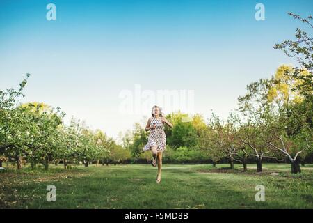 Voller Länge Vorderansicht der jungen Frau mit ärmellosen Kleid läuft durch Obstgarten, Blick auf die Kamera zu Lächeln Stockfoto