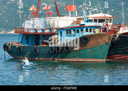 Chinesischer Mann Paddel sein Boot vorbei an einer kommerziellen Fischerboote vertäut im Hafen von Cheung Chau Hong Kong. Stockfoto