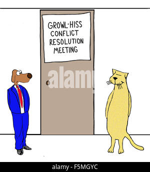 Business-Karikatur von Geschäft Katzen- und Geschäft "Growl - Hiss Conflict Resolution Meeting" betreten. Stockfoto