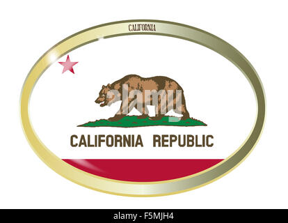 Ovale Metall-Taste mit der California Flagge auf einem weißen Hintergrund isoliert Stockfoto