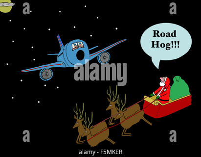 Weihnachten Cartoon zeigt ein Flugzeug über den Absturz in Santa Claus Schlitten.  Santa schreit "Road Hog!". Stockfoto