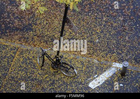 Herbst Blätter fallen im Park Slope Brooklyn Street gelb Jahrgang 1973 Raleigh Fahrrad bike British gefesselt um zu buchen Stockfoto