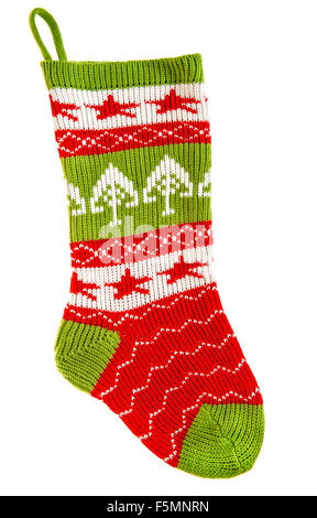 Gestrickte Socken für Geschenke, die isoliert auf weißem Hintergrund. Weihnachts-Strumpf Stockfoto