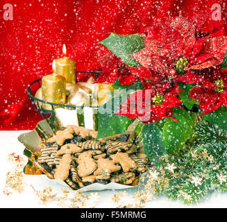 Advent Dekoration mit brennenden goldenen Kerzen, Weihnachtsstern Blume und Weihnachten Lebkuchen. Vintage-Stil getönten Bild Stockfoto