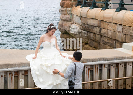 Hochzeitsfotograf organisiert asiatische Braut für Hochzeit Aufnahmen, Sydney, Australien Stockfoto