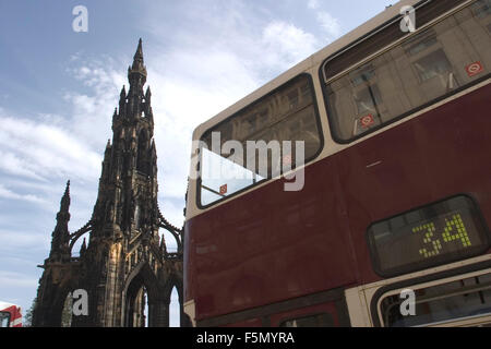 3. Oktober 2004; Edinburgh, Schottland, Vereinigtes Königreich; Edinburgh liegt an der Ostküste auf den Firth of Forth Schottlands Hauptstadt. Edinburgh ist der Sitz des schottischen grösserer und Heimat von Edinburgh Castle ist eine eindrucksvolle Landmarke mit einer faszinierenden Geschichte von 3000 Jahren und war die Residenz vieler schottischer Könige und Königinnen. Weitere Sehenswürdigkeiten sind die Camera Obscura, Scotch Whisky Heritage Centre, National Gallery of Scotland, Scottish Tartans Museum, Museum of Scotland, Edinburgh Military Tattoo, The Palace of Holyroodhouse und Heimat der Royal Yacht Britannia. Im Bild: Das Scott Monument ist pro Stockfoto