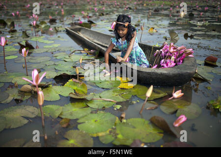 Gazipur, Bangladesch. 6. November 2015. Ein Mädchen sammelt rotes Wasser Lilien für ihre Familie Rinder in der Nähe von Dhaka. Fast drei Viertel der Bevölkerung leben in ländlichen Gebieten. Familien im ländlichen Bangladesch verlassen sich hauptsächlich auf Landwirtschaft, Geflügel und Fischen für ihr tägliches Einkommen. © Zakir Hossain Chowdhury/ZUMA Draht/Alamy Live-Nachrichten Stockfoto