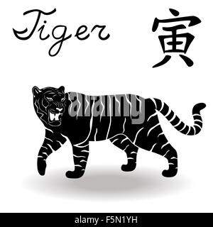 Chinesische Tierkreis Zeichen Tiger, feste Element Holz, Symbol des neuen Jahres auf dem chinesischen Kalender, der hand gezeichneten schwarzen Vektor Schablone isola Stock Vektor