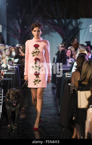 Calgary, Alberta, Kanada. 6. November 2015. Ein weibliches Modell geht den Laufsteg HOLT RENFREW Mode Gala in Calgary eine rose rosa Kleid von DOLCE & GABBANA. Bildnachweis: Baden Roth/ZUMA Draht/Alamy Live-Nachrichten Stockfoto