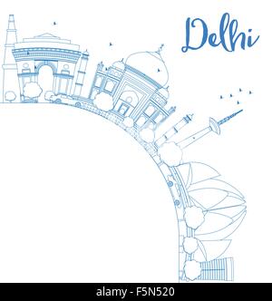 Umriss-Delhi Skyline mit blauen Wahrzeichen und Textfreiraum. Business-Reisen und Tourismus-Konzept mit Platz für Text. Stock Vektor