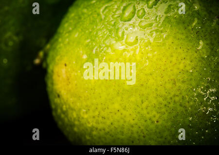 Frischer Limette hautnah mit Wassertropfen auf einem alten Holztisch. Stockfoto