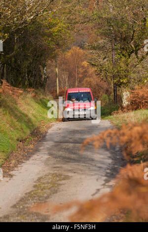 Royal Mail, Post Brenhinol, Van, der im November auf der Landstraße im Doethie Valley am Zusammenfluss mit dem Upper River Tywi in Mid Wales, Großbritannien, fährt Stockfoto