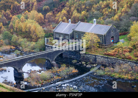 Caban Coch Damm und Reservoir, Elan Valley, Powys, Mid Wales, UK im November mit Herbstfarben Stockfoto