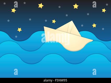 Papierschiff auf Papier Meer und Nacht Himmelshintergrund, Vektor, EPS10 Stock Vektor