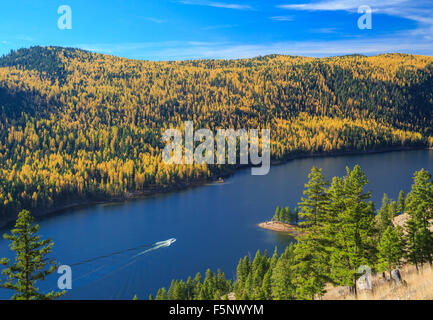 Bootsfahrer auf Lachs See unter einem Hügel der Lärche im Herbst Farbe in Clearwater Valley in der Nähe von Seeley Lake, montana Stockfoto