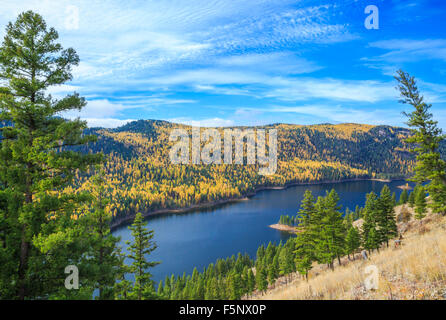 Herbstfarben der Lärche über dem Lachssee im clearwater River Valley nahe seeley Lake, montana Stockfoto