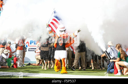 Miami Gardens, FL, USA. 7. November 2015. Das Miami-Maskottchen Sebastian Ibis leitet das Team auf dem Feld vor dem NCAA Football-Spiel zwischen den Miami Hurricanes und die Virginia Cavaliers im Sun Life Stadium in Miami Gardens, FL. Kyle Okita/CSM/Alamy Live News Stockfoto