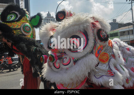 Makassar, Indonesien. 8. November 2015. Barongsai Tänzer teilnehmen in Makassar Kultur Karneval. Der Karneval statt des 408th Jubiläums der Stadt Makassar. Bildnachweis: Yermia Riezky Santiago/Alamy Live-Nachrichten Stockfoto