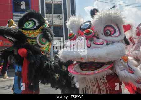 Makassar, Indonesien. 8. November 2015. Barongsai Tänzer beteiligt sich an Makassar Kultur Karneval. Der Karneval statt des 408th Jubiläums der Stadt Makassar. Bildnachweis: Yermia Riezky Santiago/Alamy Live-Nachrichten Stockfoto