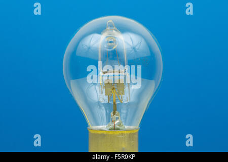 Eine Glühbirne auf blauem Hintergrund. Stockfoto