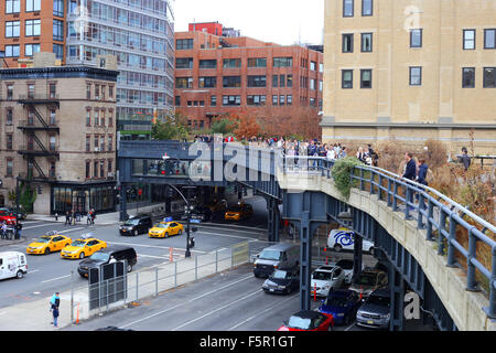 Abschnitt des High Line Elevated Parks im Chelsea-Viertel von Manhattan, New York, NY. Der Park hat zu raschen Veränderungen und Gentrifizierung geführt Stockfoto
