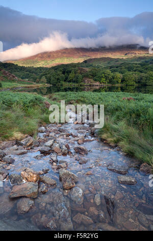 Eine Welle der frühen Morgen helle Streifen über den Rand des Llyn Dinas, Snowdonia Stockfoto