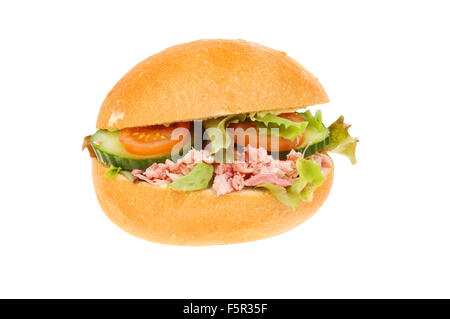 Gezogenes Schweinefleisch Hock und Salat in ein knuspriges Brötchen isoliert gegen weiß Stockfoto