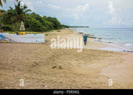 Ein kaukasischer älterer Mann Sancastle Strand in St. Croix, US Virgin Islands. USVI, U.S.V.I. Ferienhäuser am Meer Beach Resort. Stockfoto