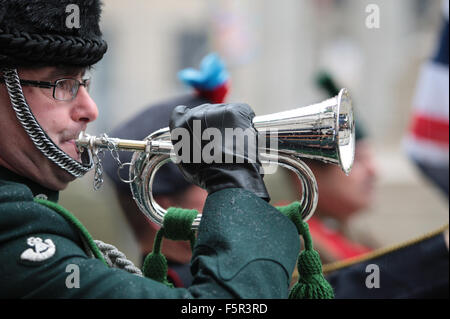 Belfast, UK. 8. November 2015. Bugler klingt den letzten Beitrag am nationalen Tag der Erinnerung. Bildnachweis: Bonzo/Alamy Live-Nachrichten Stockfoto