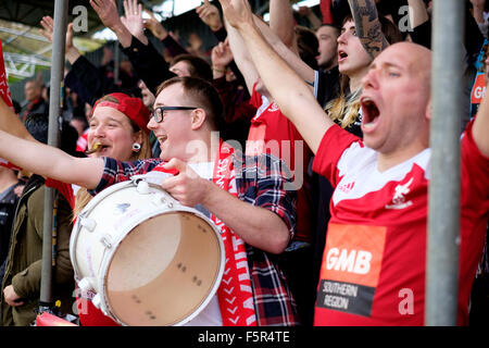 Brighton, UK. 8. November 2015. Non-League Whitehawk FC, die in der nationalen Liga Süd spielen schlagen Lincoln City von der Ebene oben gehen in die zweite Runde des FA-Cups von Emirates. "Die Ultras", Whitehawks glühendsten Anhängern, schlug sich eine kontinuierliche Trommelschlag im Laufe des Spiels. Bildnachweis: Scott Hortop/Alamy Live-Nachrichten Stockfoto