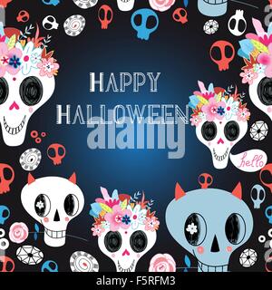 Happy Halloween-Vektor-Illustration schöne Karte mit Totenköpfen Stock Vektor