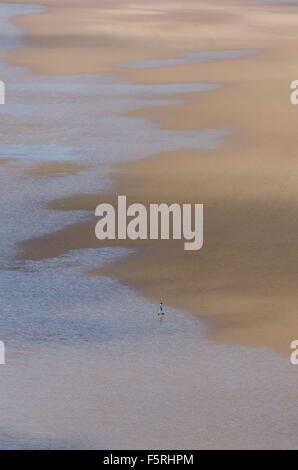 Riesiger Strand mit kleinen Mann allein zu Fuß am Strand von Rhossili, Wales. Muster und Farbe der Brandung gegen Sand zu zeigen. Stockfoto