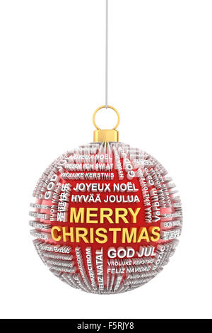 Weihnachtskugeln mit Grüßen in verschiedenen Sprachen Stockfoto