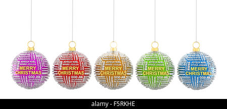 Reihe von Christbaumkugeln mit Grüßen in verschiedenen Sprachen Stockfoto