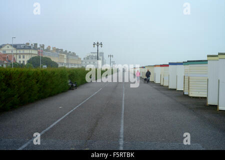 Ein paar Hund entlang der Strandpromenade promenade an einem nebligen Sonntagmorgen in Worthing. Stockfoto