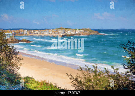 Porthminster Beach und St. Ives Cornwall in den Hintergrund und weißen Wellen und blauen Meeres und des Himmels Abbildung wie Ölgemälde Stockfoto